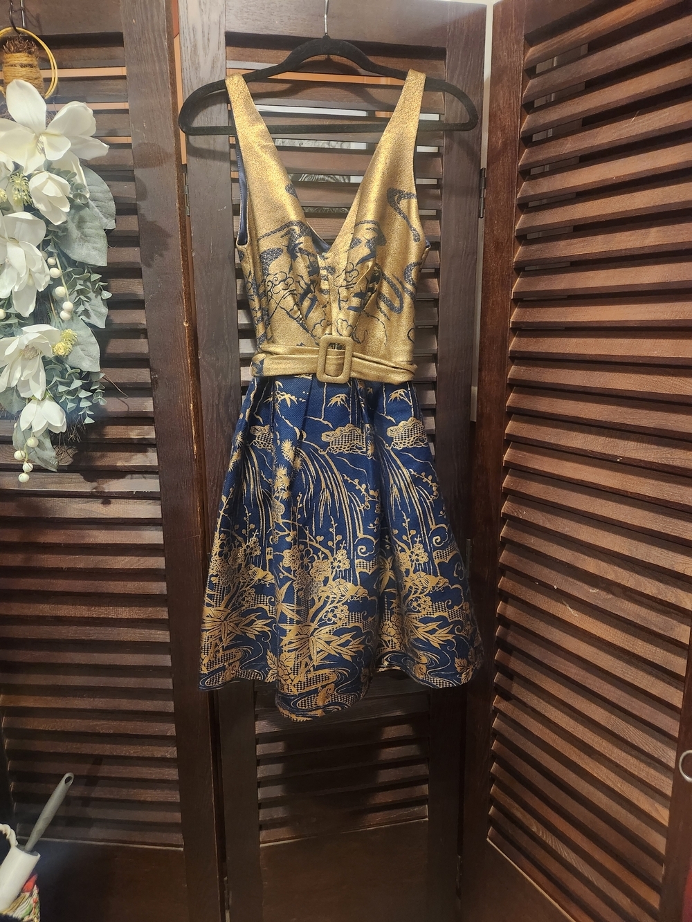 Eva Franco Gold and Navy Floral Fit-and-Flare Belted Dress